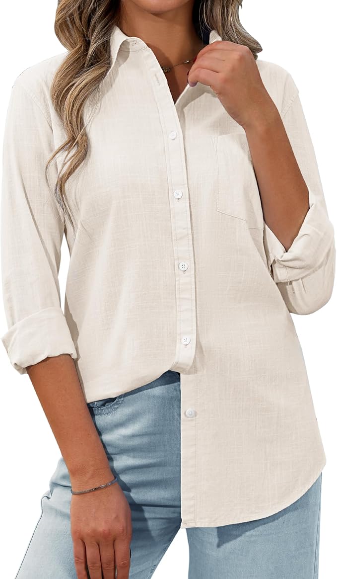 Beige linen button down shirt for women long sleeve collared blouse for summer family pictures