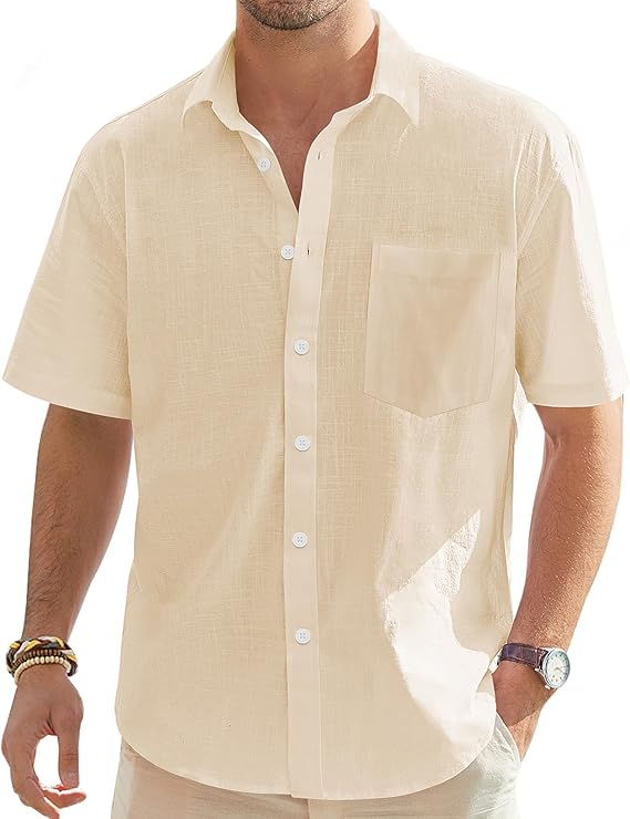 Beige lightweight linen short sleeve button down shirt for men with pocket for summer family pictures