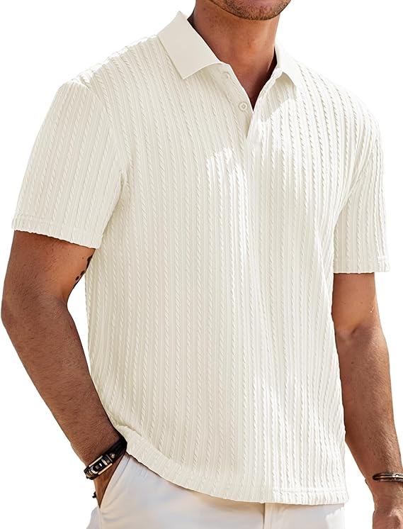 Beige stretchy summer knit polo shirt for men short sleeve vacation top for family portraits