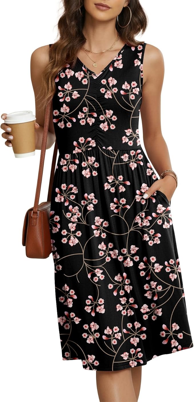 Black floral cold shoulder sun dress with V-neck and pockets for women summer family picture outfit