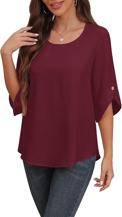 Burgundy flowy chiffon bell sleeve blouse for women loose fit perfect for summer family pictures