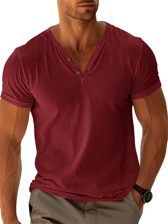 Burgundy V-neck henley linen t-shirt for men short sleeve button basic summer top for family pictures