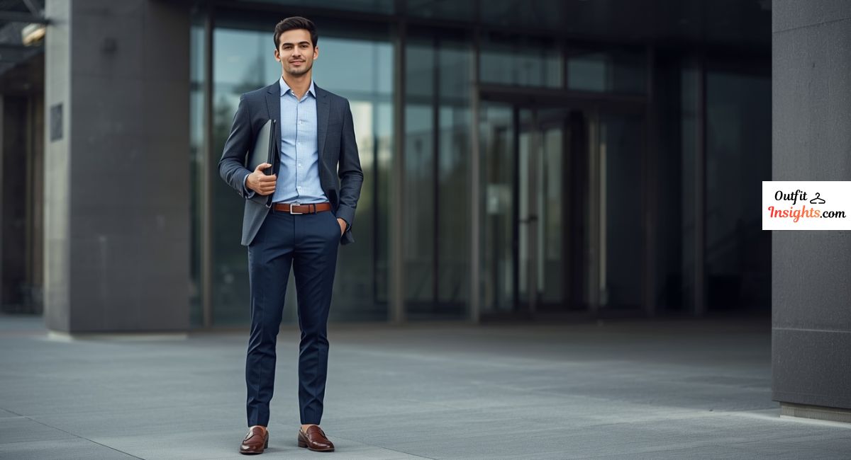 what to wear for a job interview featuring a business casual interview outfit for men with chinos, dress shirt, and blazer