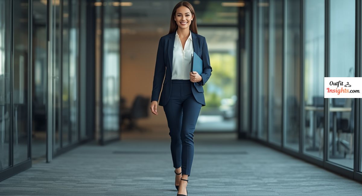 what to wear for a job interview featuring a business casual interview outfit for women with tailored trousers, blouse, and blazer