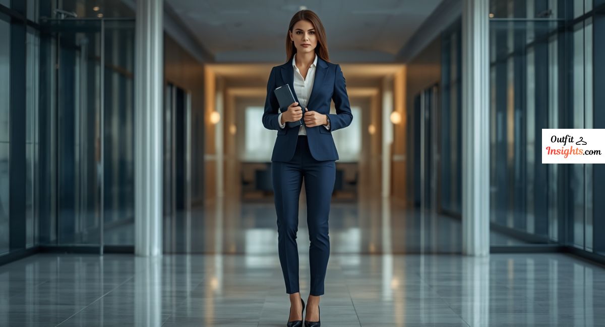 what to wear for a job interview featuring business professional attire for women with a tailored navy suit and professional accessories