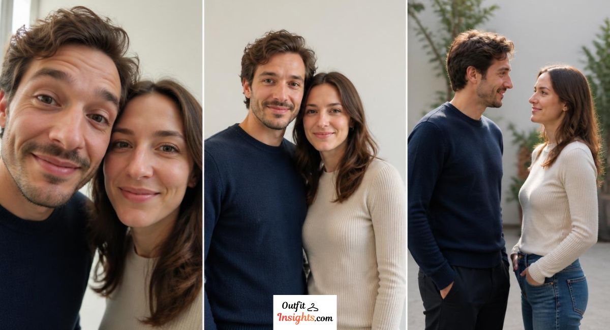 Three-panel comparison showing a distorted smartphone selfie, a professional portrait, and real-life appearance to illustrate how camera lenses affect facial proportions.