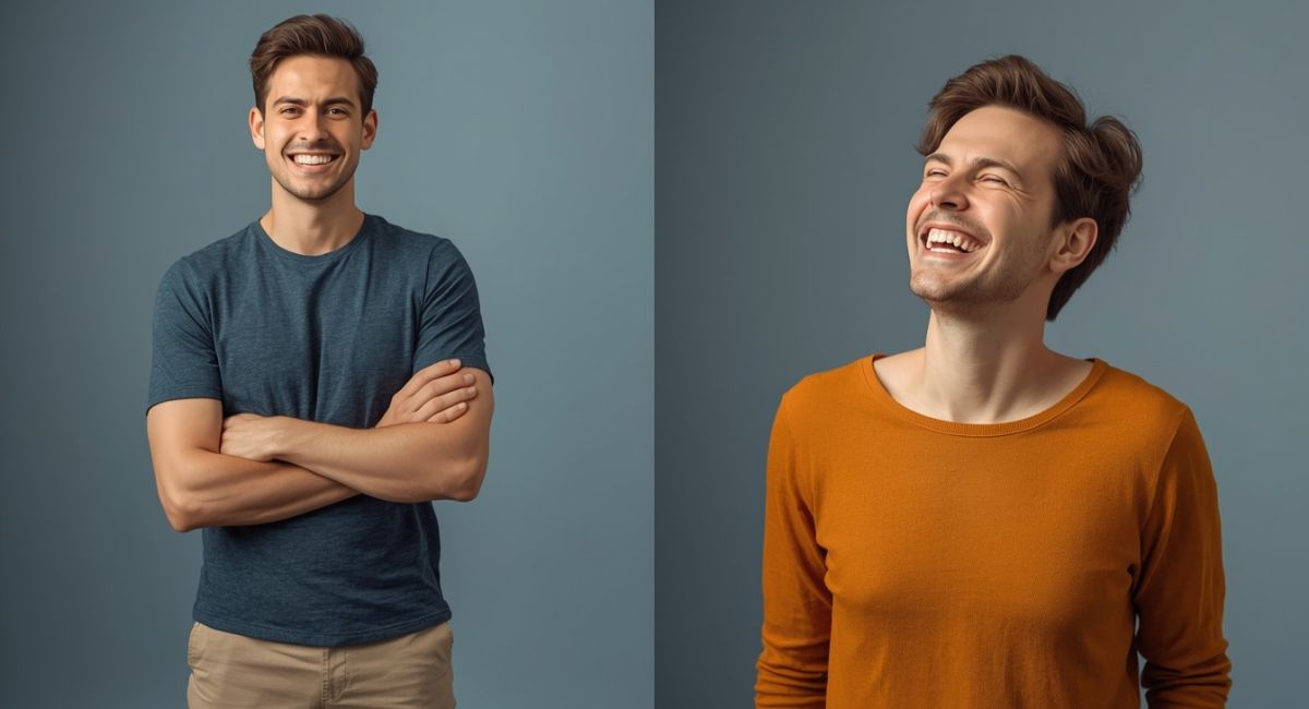 split comparison person looking stiff and forced with fake smile versus same person laughing naturally looking relaxed and genuine