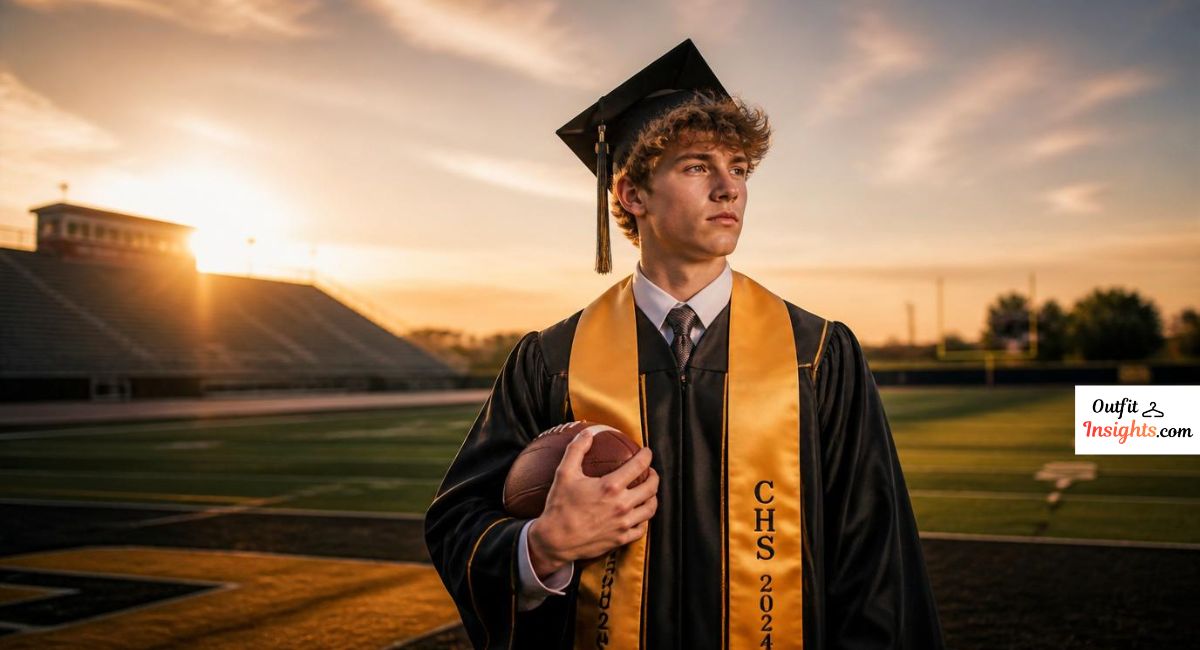 Men senior picture ideas showing a graduate wearing a cap and gown while incorporating a personal passion into the portrait.
