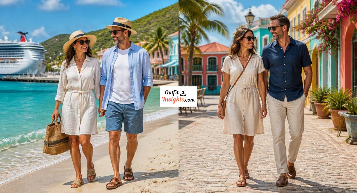 Attire for Carnival Cruise Caribbean port days showing beachwear and town exploration outfit ideas for men and women.