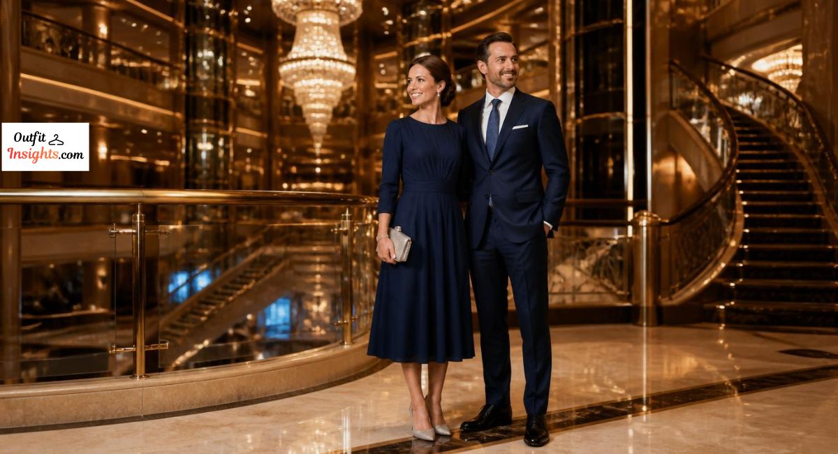Cruise Elegant attire for Carnival Cruise featuring formal night outfits for men and women.
