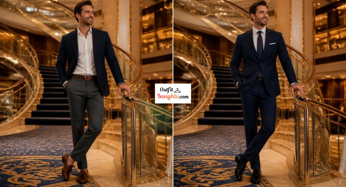 Attire for Carnival Cruise formal night showing blazer and suit outfit options for men.