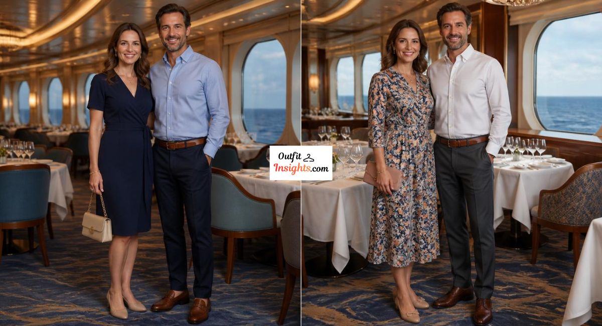 Main dining room attire for Carnival Cruise showing two smart casual dinner outfit options for men and women.