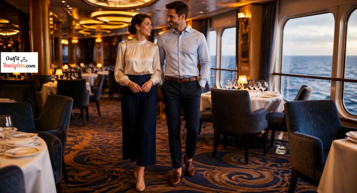 Smart casual attire for Carnival Cruise showing polished dinner outfits for men and women.