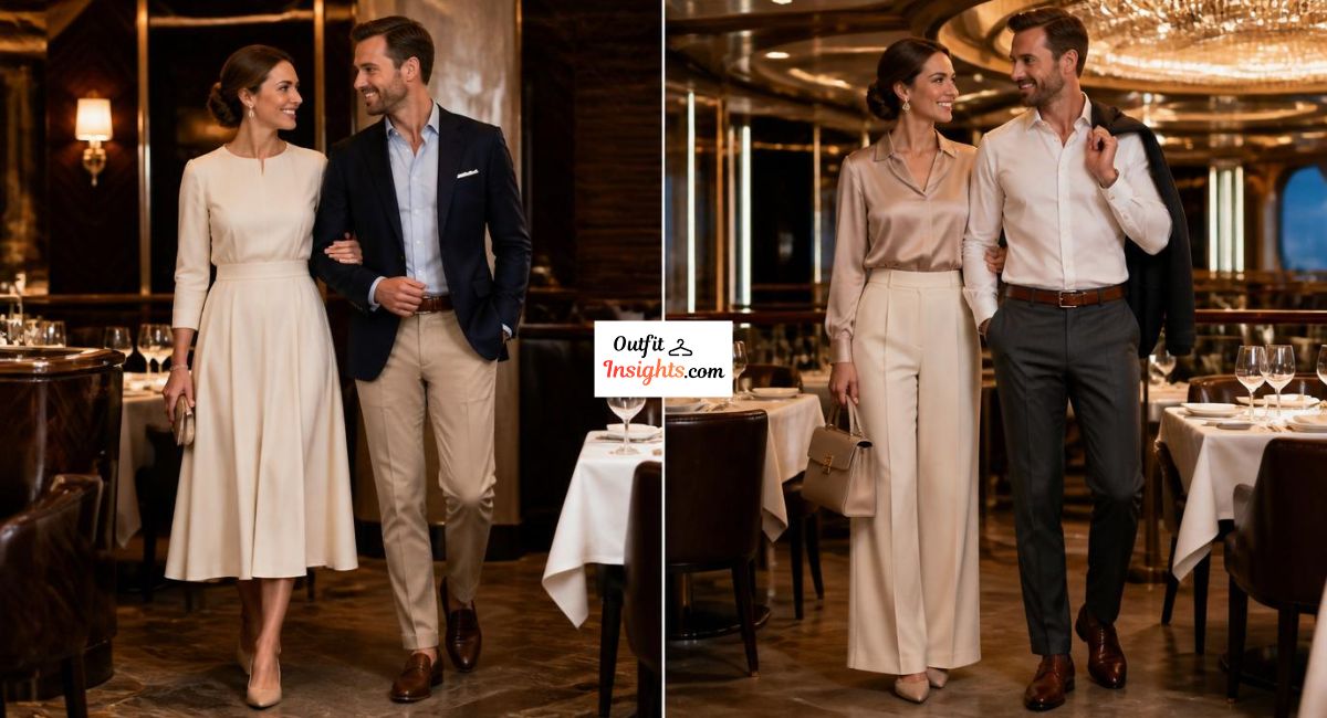 Specialty restaurant attire for Carnival Cruise showing two smart casual fine dining outfit ideas for couples.