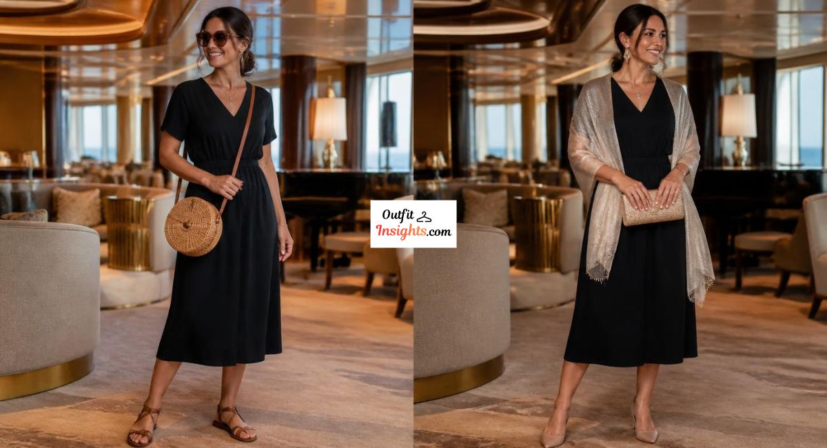 Accessories styling attire for Carnival Cruise by transforming one dress into casual daytime and elegant evening outfits.