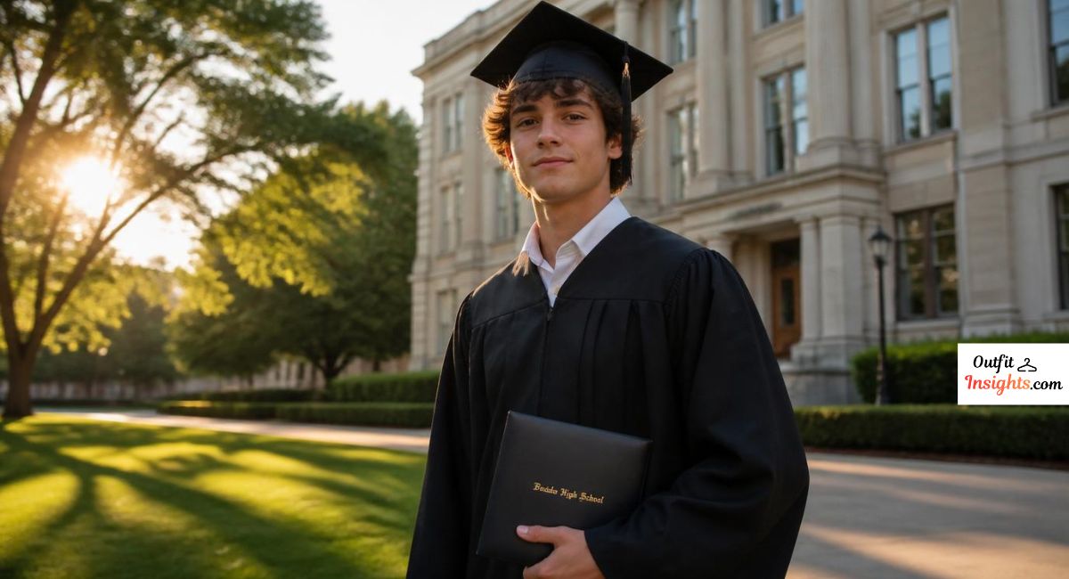 Men senior picture ideas featuring a classic graduation cap and gown portrait with a diploma holder.