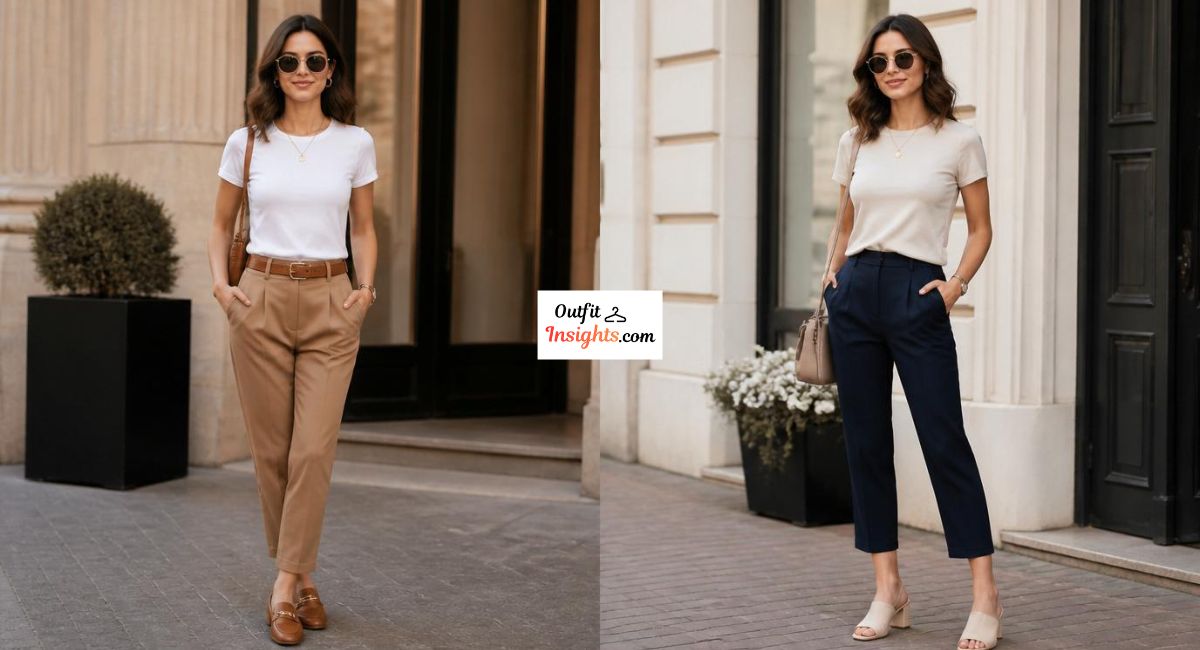 Woman styling a fitted T-shirt with high-waisted tailored trousers using a French tuck in two smart-casual outfit variations.