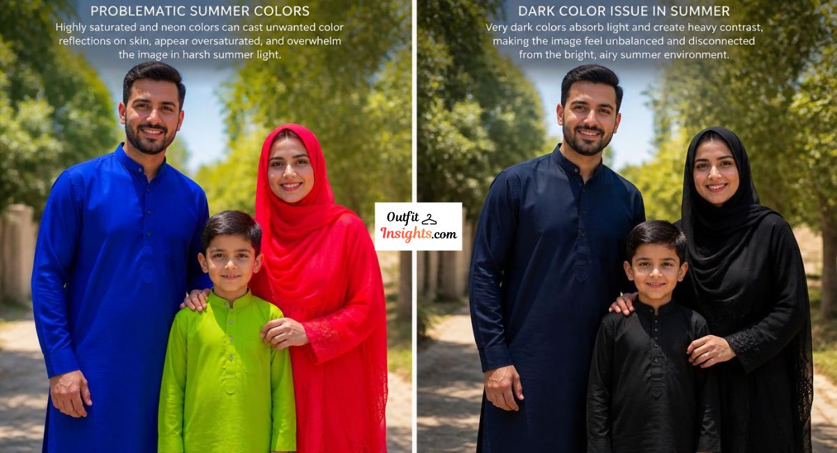 summer photography comparison showing neon and saturated colors versus dark clothing causing problems in family photos