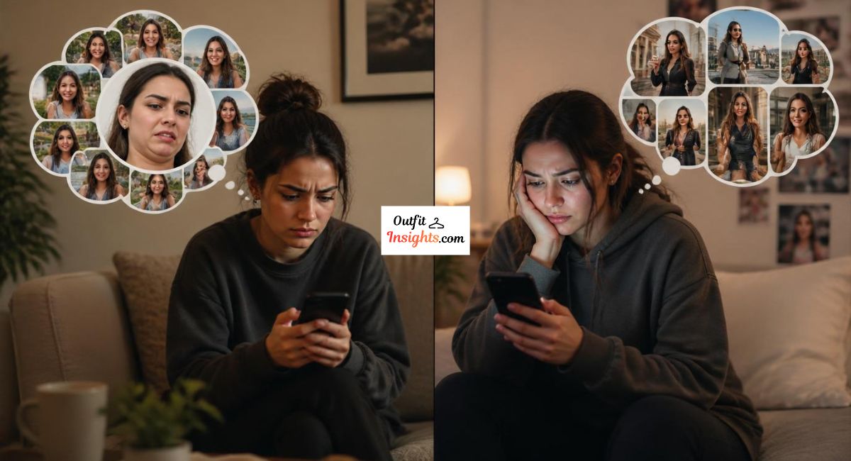 Split-screen illustration showing a person focusing on one unflattering photo of themselves while comparing their appearance to highly curated social media images.
