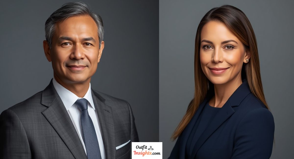 what to wear for professional headshots in corporate and finance industries featuring formal attire for men and women
