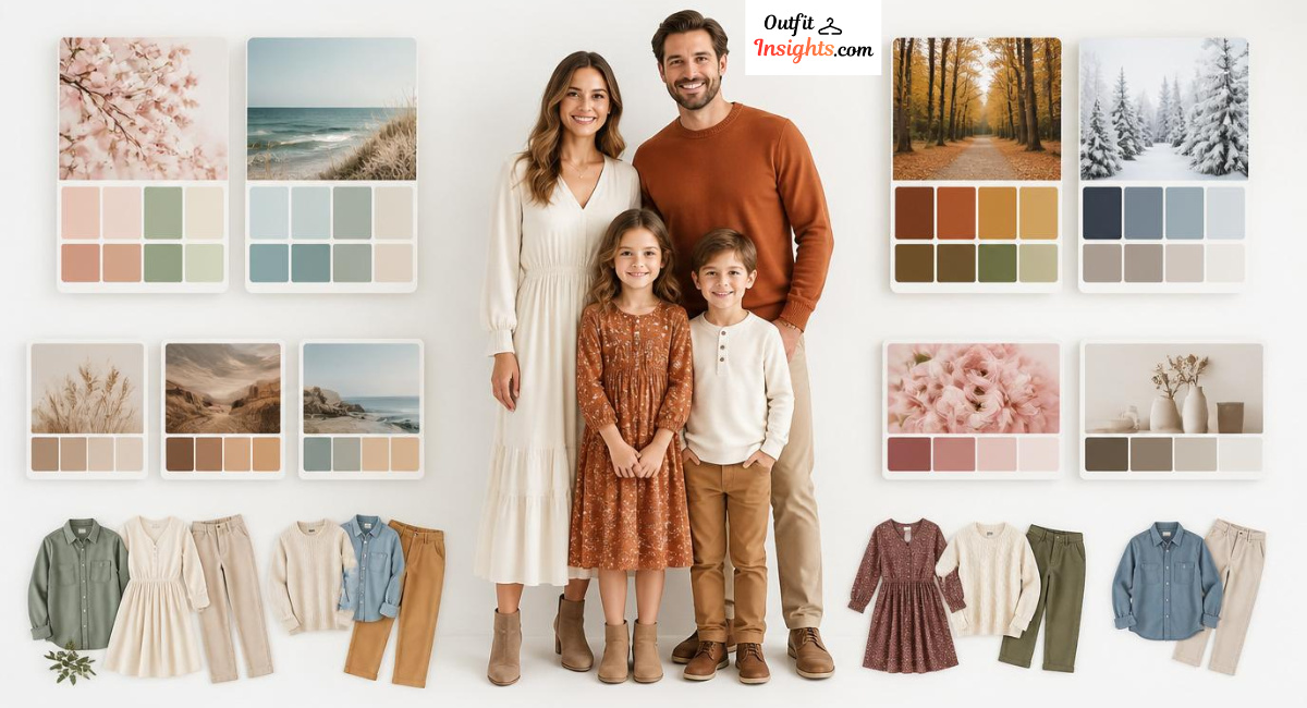 Family of four wearing coordinated outfits with seasonal color palettes for planning family photo clothing combinations using family photo outfit color palette generator.