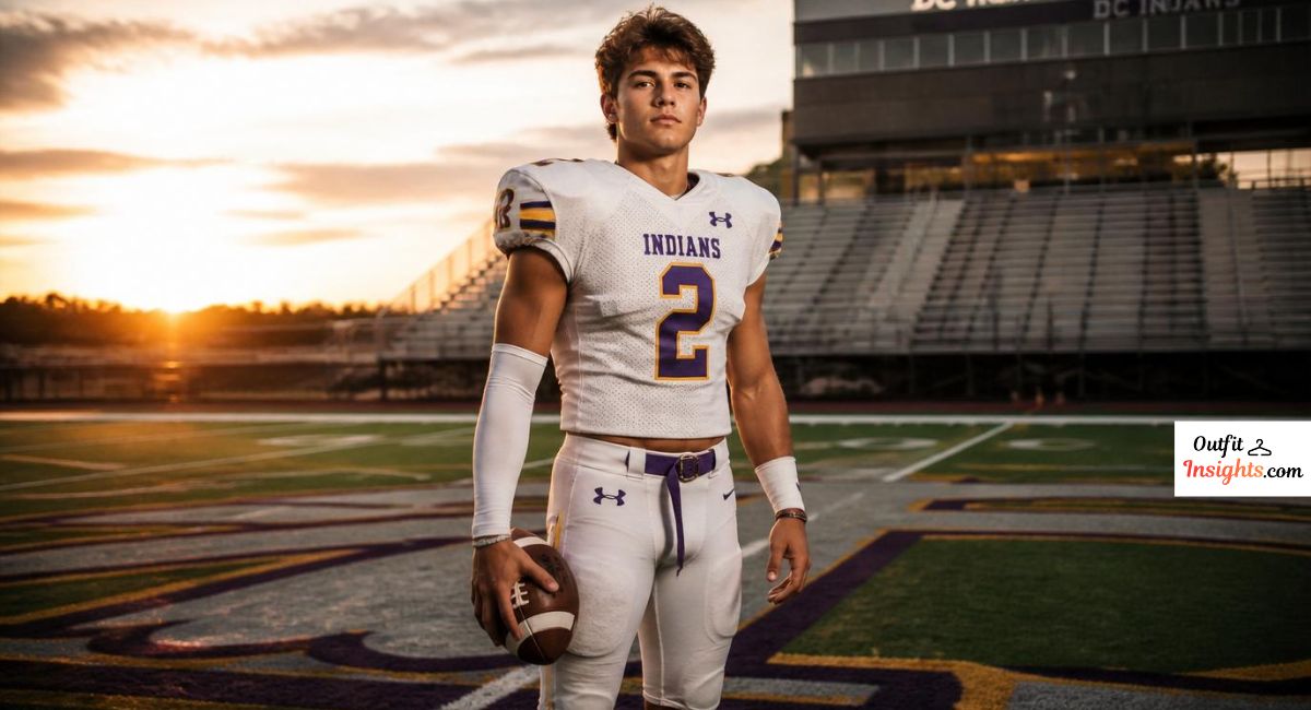 Men senior picture ideas featuring a high school football player in uniform on a football field during senior photo session.