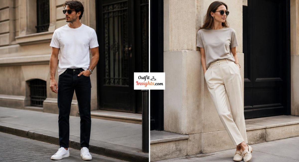 Man and woman showing how to style a T-shirt using the French tuck technique for a relaxed but polished look.