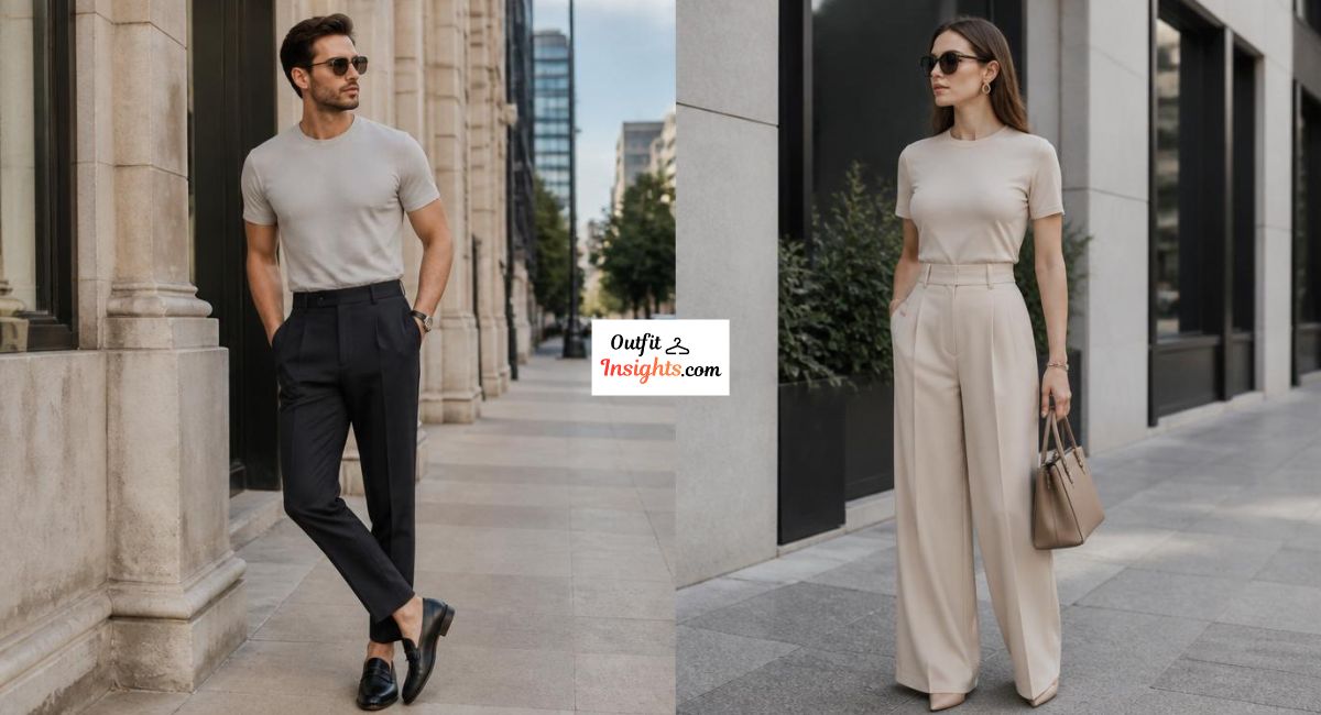 Man and woman demonstrating a full tuck T-shirt styling technique with tailored trousers and polished smart-casual outfits.