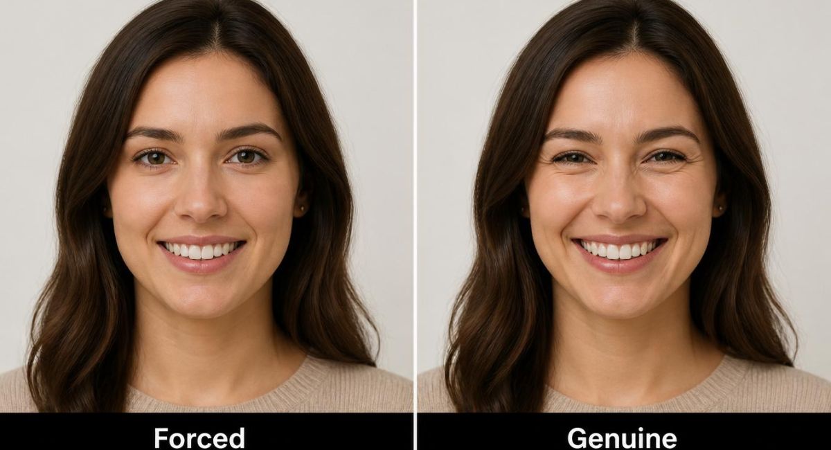 split comparison same person forced smile with neutral eyes versus genuine smile with eyes slightly squinted and crow's feet visible