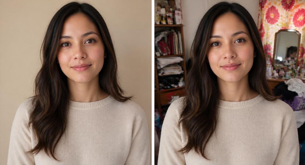 how to take good pictures by yourself - clean beige wall vs cluttered room background comparison