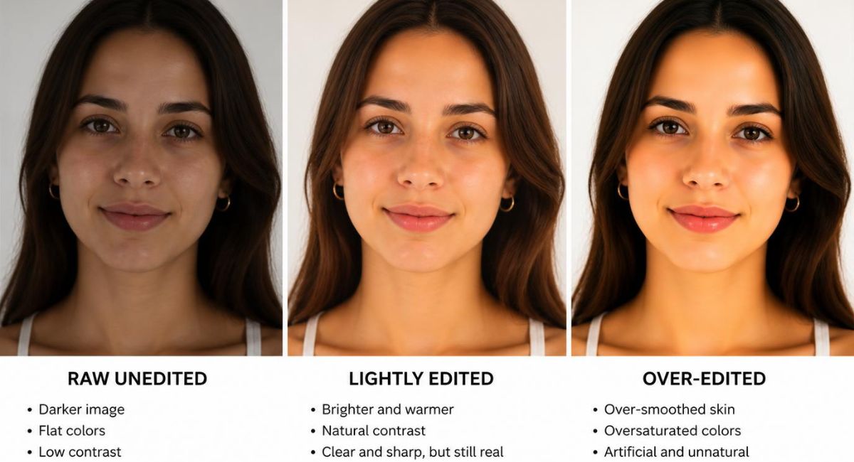 how to edit photos lightly - unedited vs good editing vs over-edited comparison