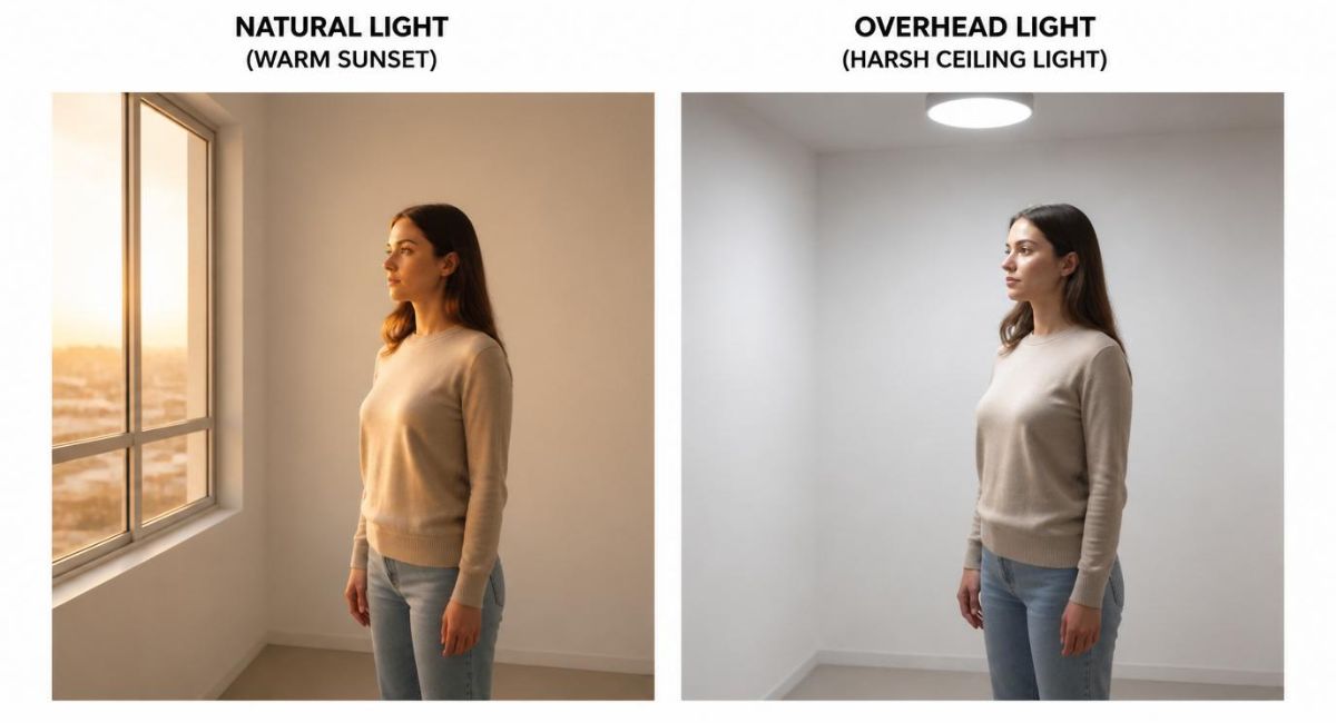 how to take good pictures by yourself - good window light vs bad overhead light comparison