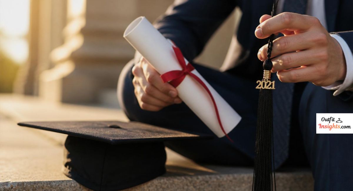 Men senior picture ideas featuring graduation details including a diploma, tassel, and cap.