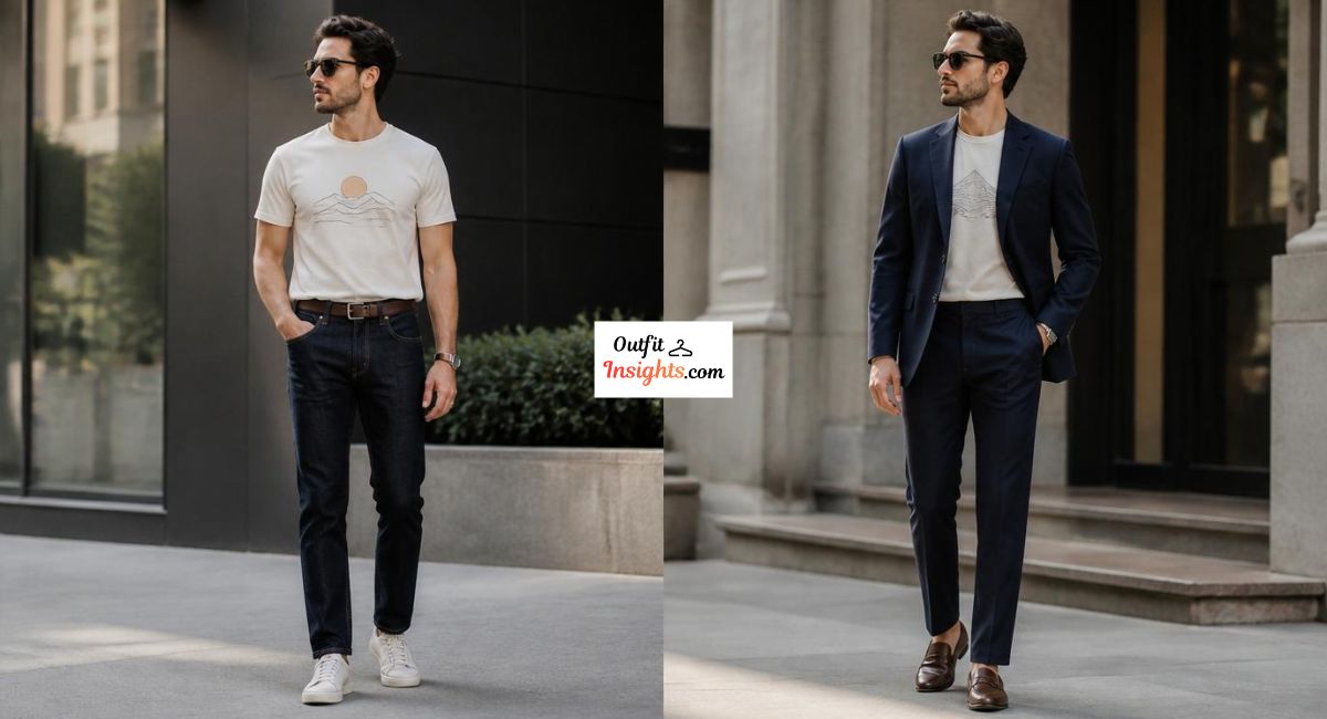 Man styling graphic T-shirts with jeans and a blazer in two elevated outfit variations.