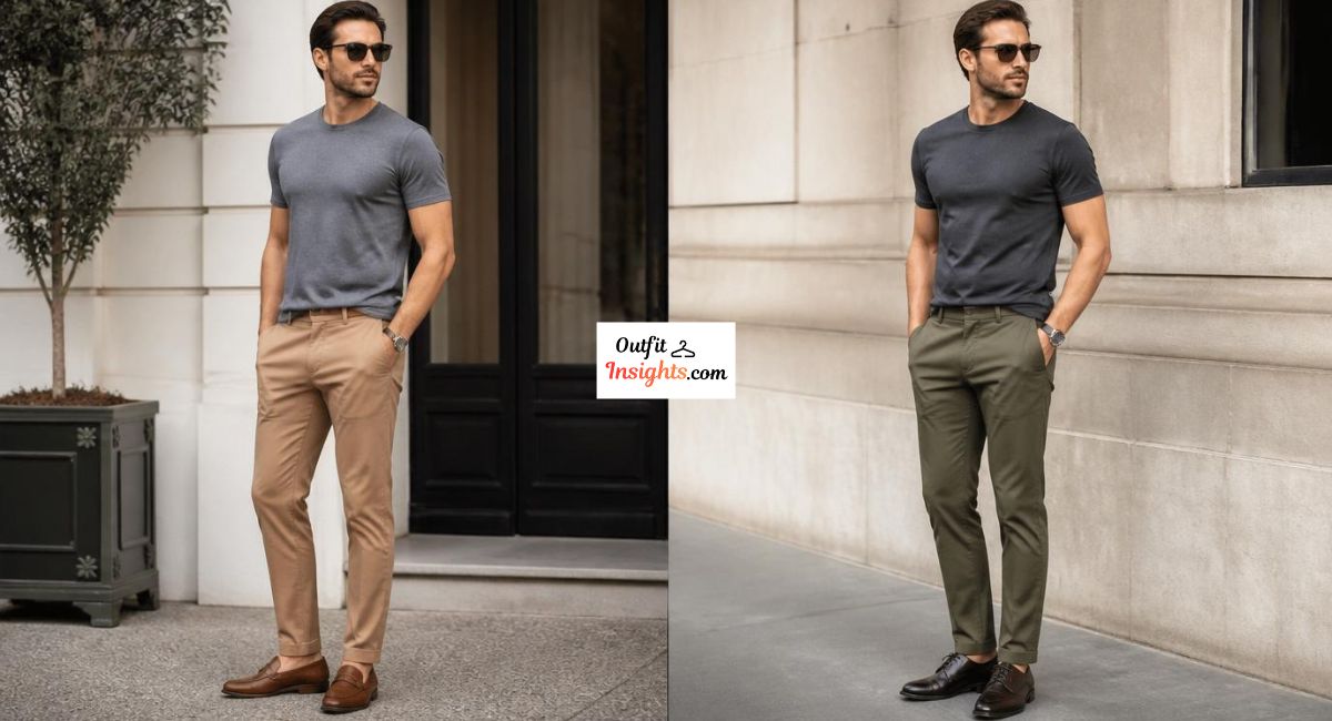 Man styling a grey fitted T-shirt with chinos and loafers in two smart-casual outfit combinations.