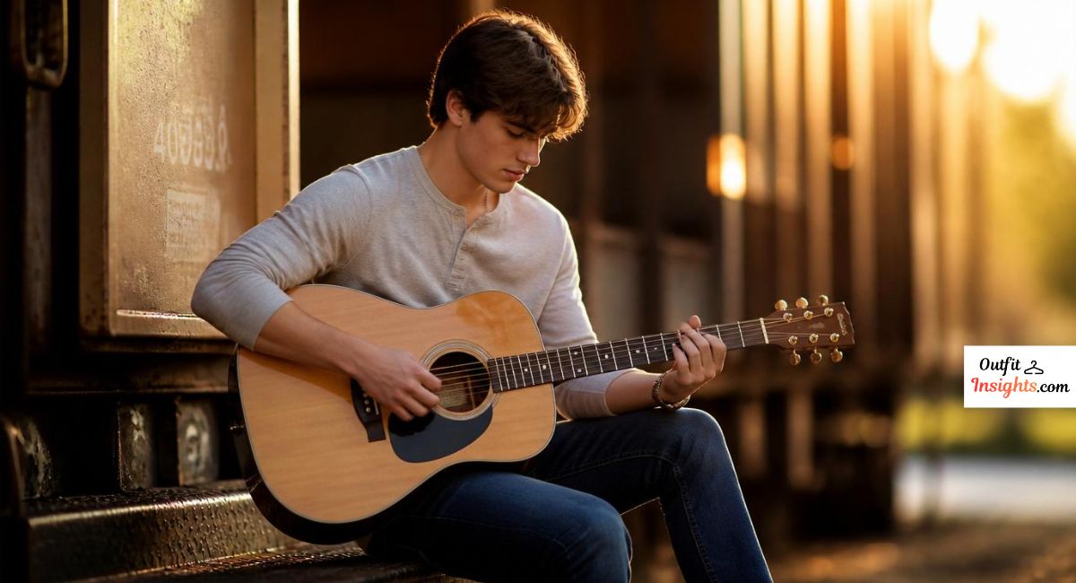 Men senior picture ideas featuring a guitar-playing senior incorporating a personal hobby into his senior portraits.