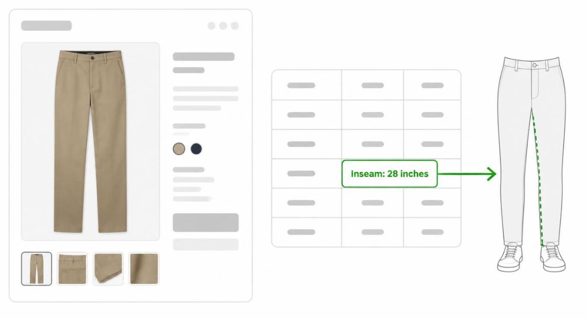 infographic showing how to find inseam measurement on product pages with highlighted 28 inches and illustration of where it hits