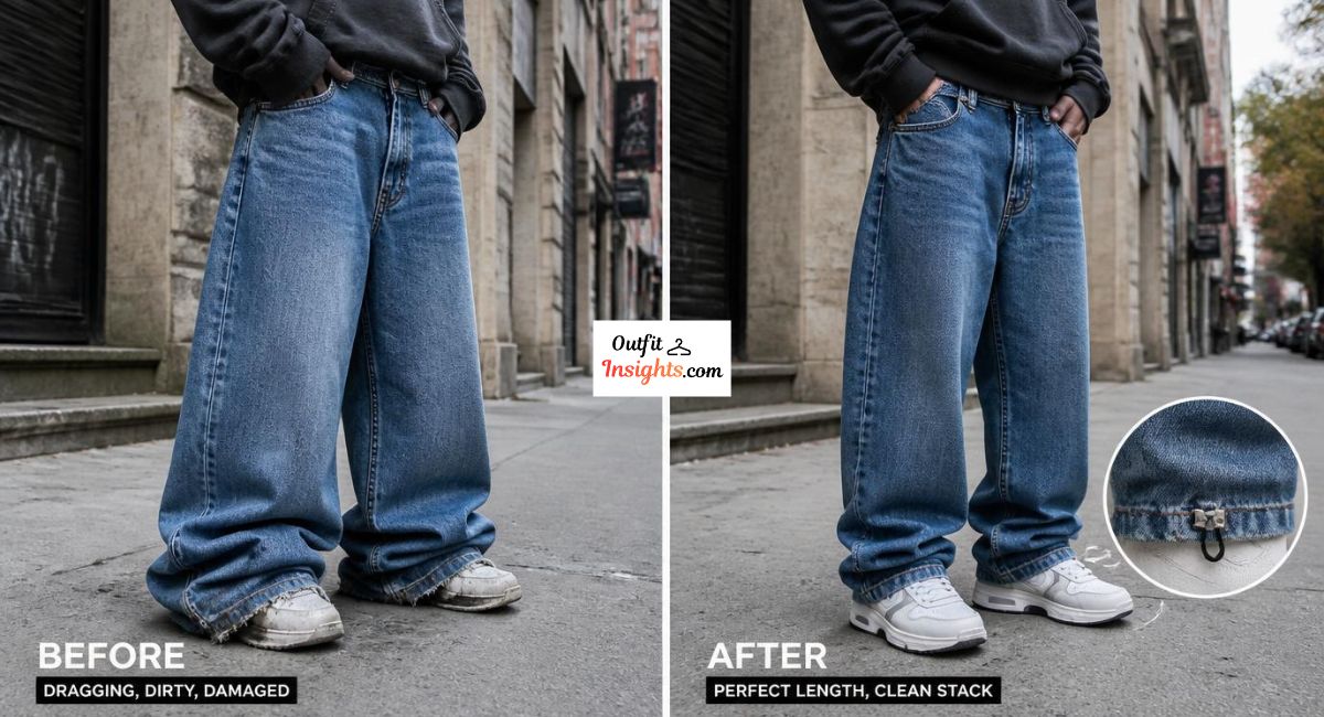 how to stop baggy jeans dragging on floor with a before and after comparison showing properly adjusted baggy jeans