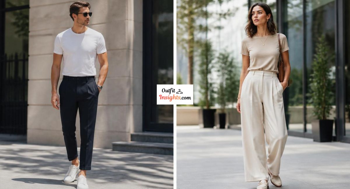 Man and woman demonstrating how to style a T-shirt with polished smart-casual outfits featuring tailored trousers, clean footwear, and modern styling techniques.