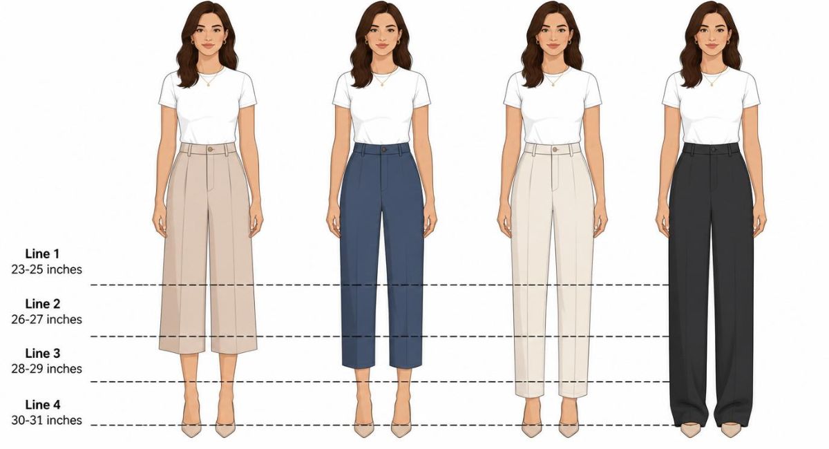 illustration showing where different inseam lengths hit on a 5'6 woman from 23 inches at mid-calf to 31 inches near the floor