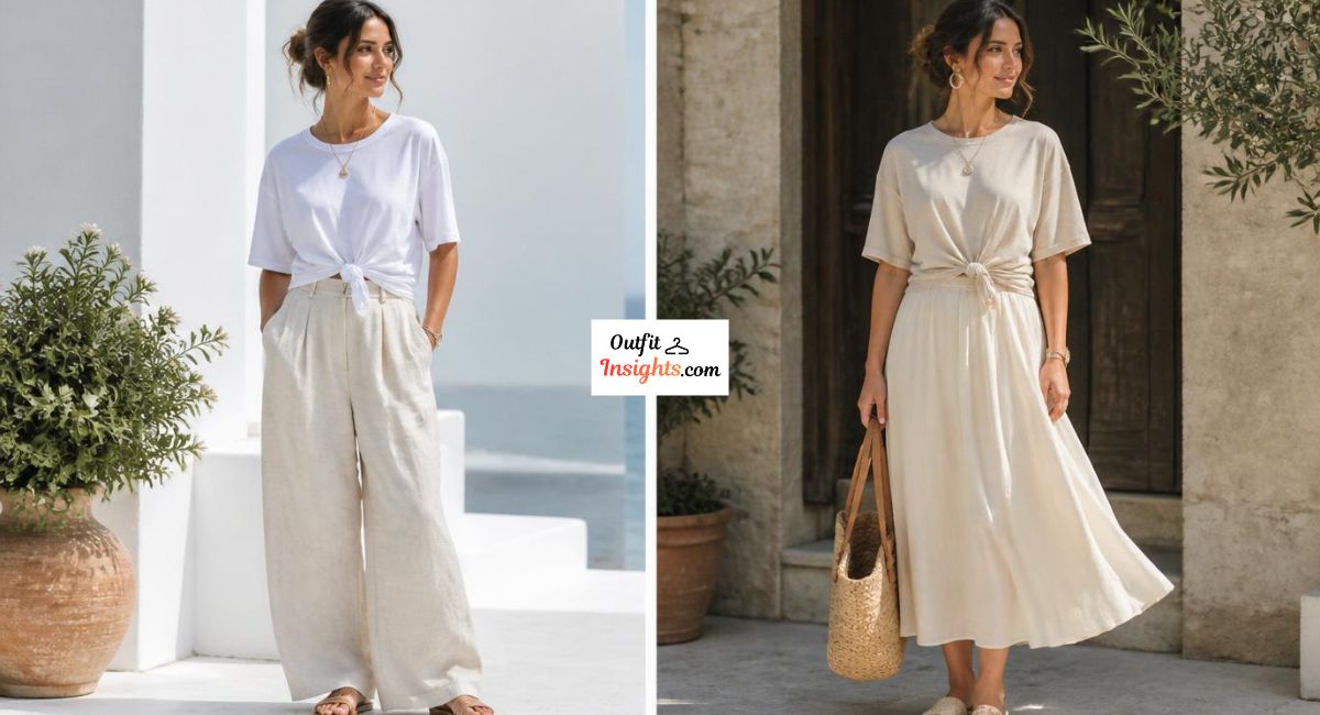 Same woman demonstrating two stylish knot tuck T-shirt outfit ideas with high-waisted bottoms and relaxed summer styling.