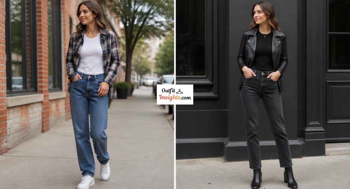 Woman styling a fitted T-shirt under an open flannel shirt and a leather jacket in two layered outfit ideas.