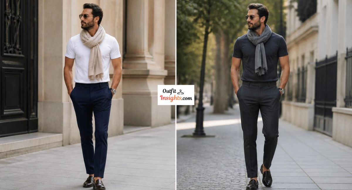 Man styling fitted T-shirts with lightweight scarves in two refined smart-casual outfit ideas.