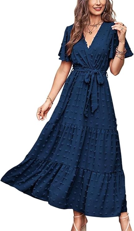 Navy blue Swiss dot wrap maxi dress for women flowing fabric perfect for summer family photos