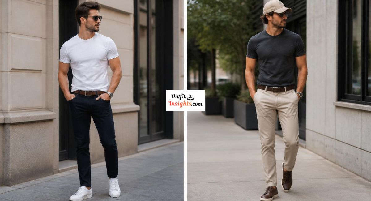 Man styling T-shirt outfits with watches, belts, and a cap in two accessory-focused outfit ideas.