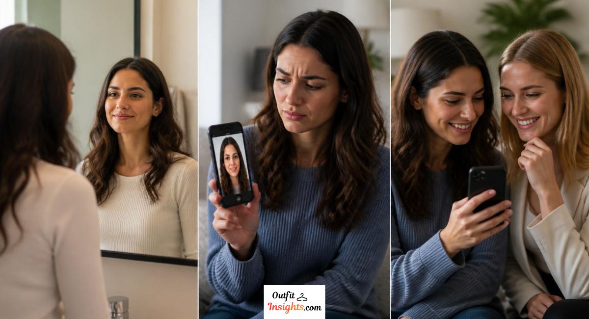 Three-panel image showing a person preferring their mirror reflection, feeling uncertain about a photograph, while friends view the same photo positively.
