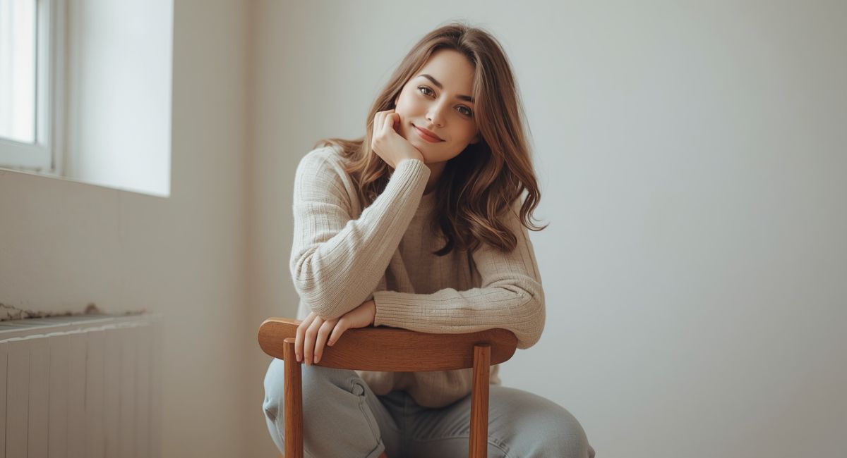 how to take good pictures by yourself - woman sitting on chair edge leaning forward chin on hand