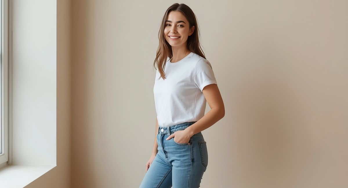 how to take good pictures by yourself - woman posing with hand in pocket weight shifted