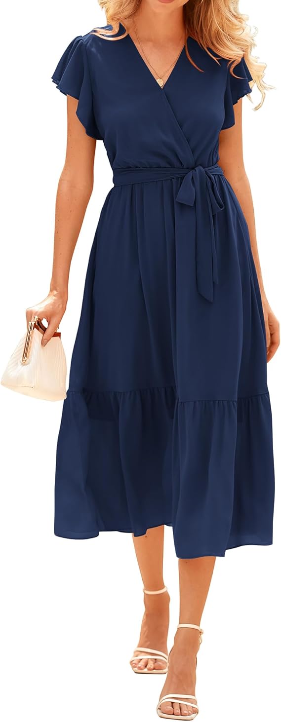 Navy blue floral wrap midi dress with cap sleeves and A-line silhouette for summer family portraits