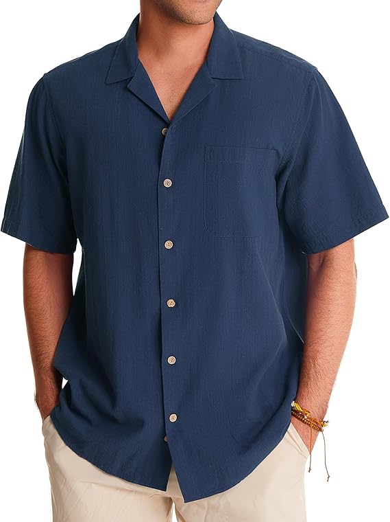 Navy blue linen Hawaiian short sleeve button down shirt for men casual summer beach top for family photos